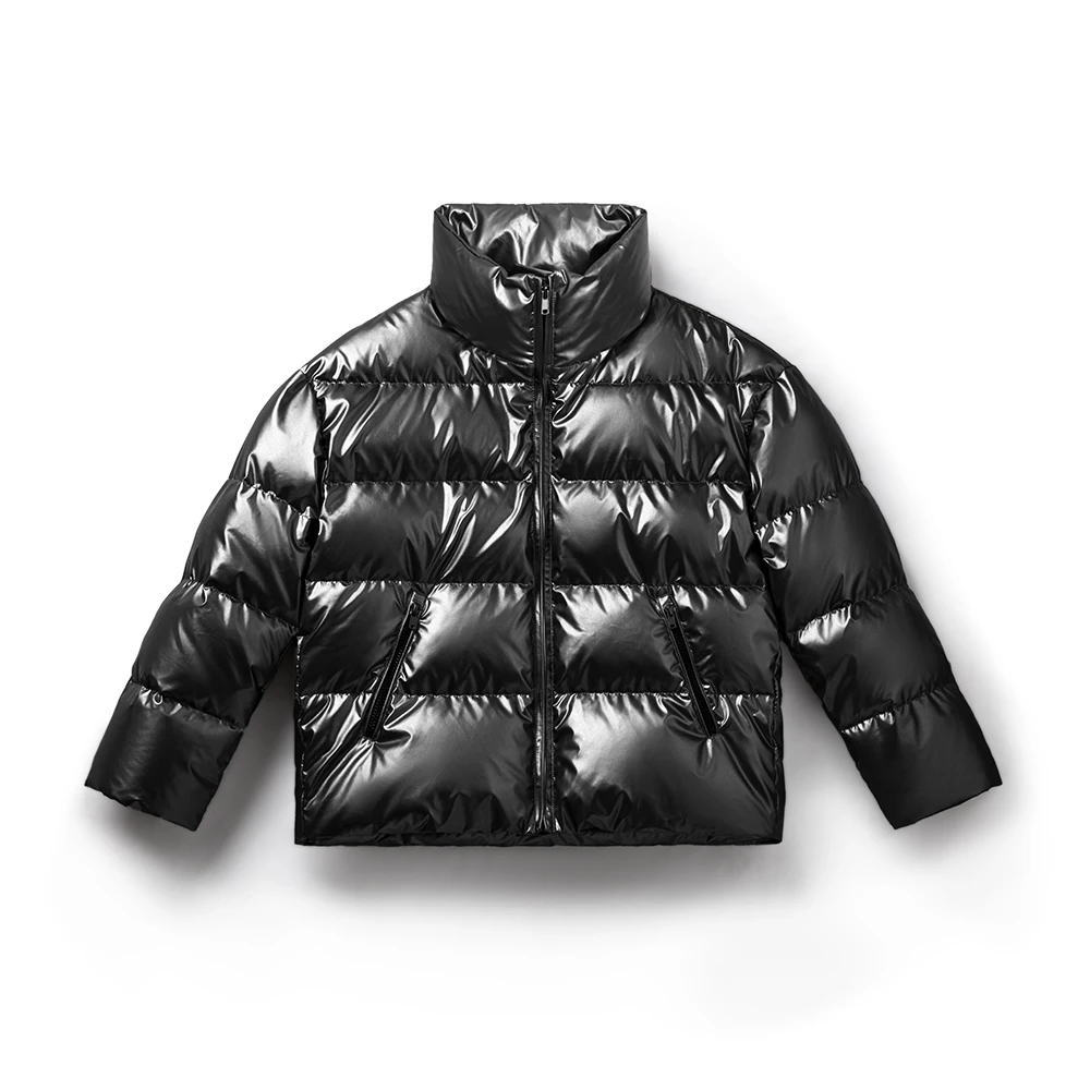 マデン-女性のための光沢のある白いダックダウンジャケット、90% ダックダウン、ショート、スタンドアップカラー、暖かい、フグジャケット、厚手のコート、カジュアル、秋、冬