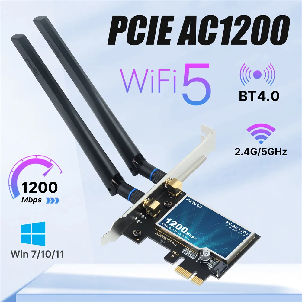 Fenvi WiFi5 AC1200 PCIE WiFi Adapter BT4.0 1200Mbps WiFi-kaart Dual Band 802.11ac Netwerk Upgrade voor Win 7/10/11 Desktop PC