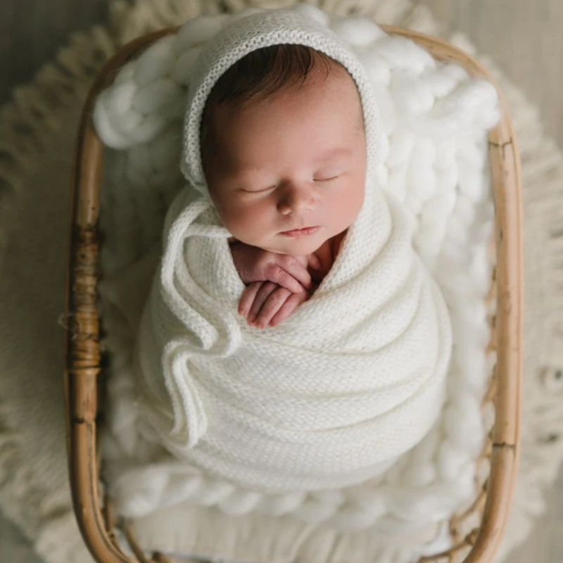 ทารกแรกเกิดการถ่ายภาพ Props ยืดขนสัตว์ห่อผ้าห่ม Swaddling Handmade หมวกถ่ายภาพอุปกรณ์เสริม