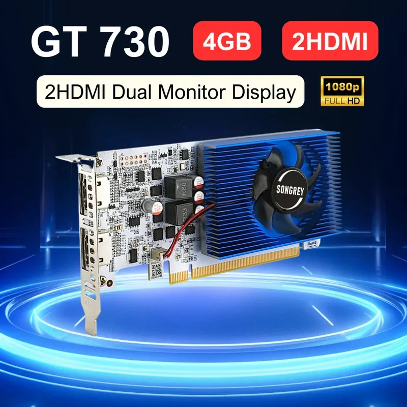 Tarjeta gráfica SONGREY GT730 de 4GB DDR3 2HDMI, pantalla de 2 monitores PCI-E2.0 16X, GPU de computadora, GPU de perfil bajo 1080P, 1 año de garantía