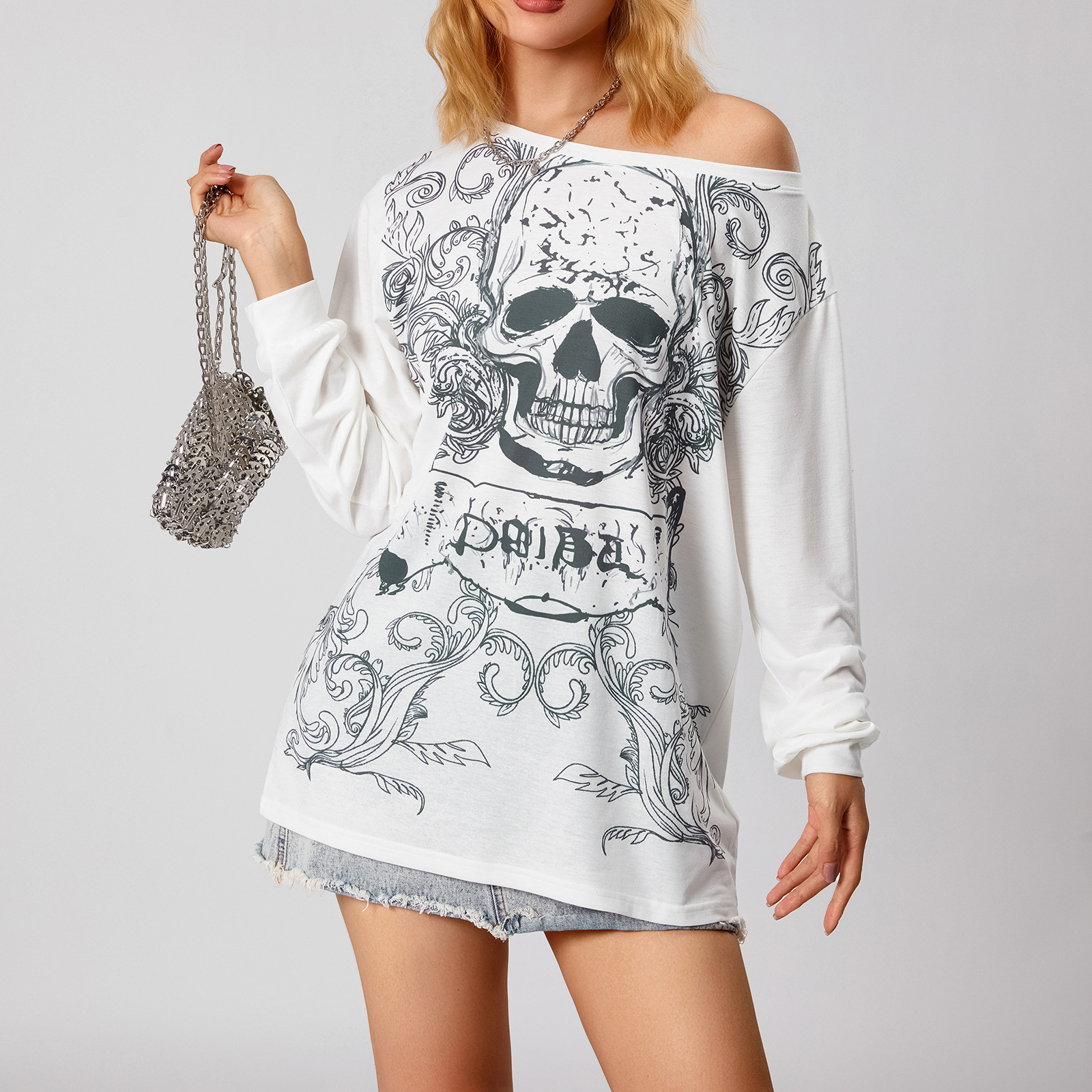 女性 Y2K グランジ妖精トップスファッションハロウィン長袖オフショルダースカルプリントカジュアルストリートパーティー秋 Tシャツ