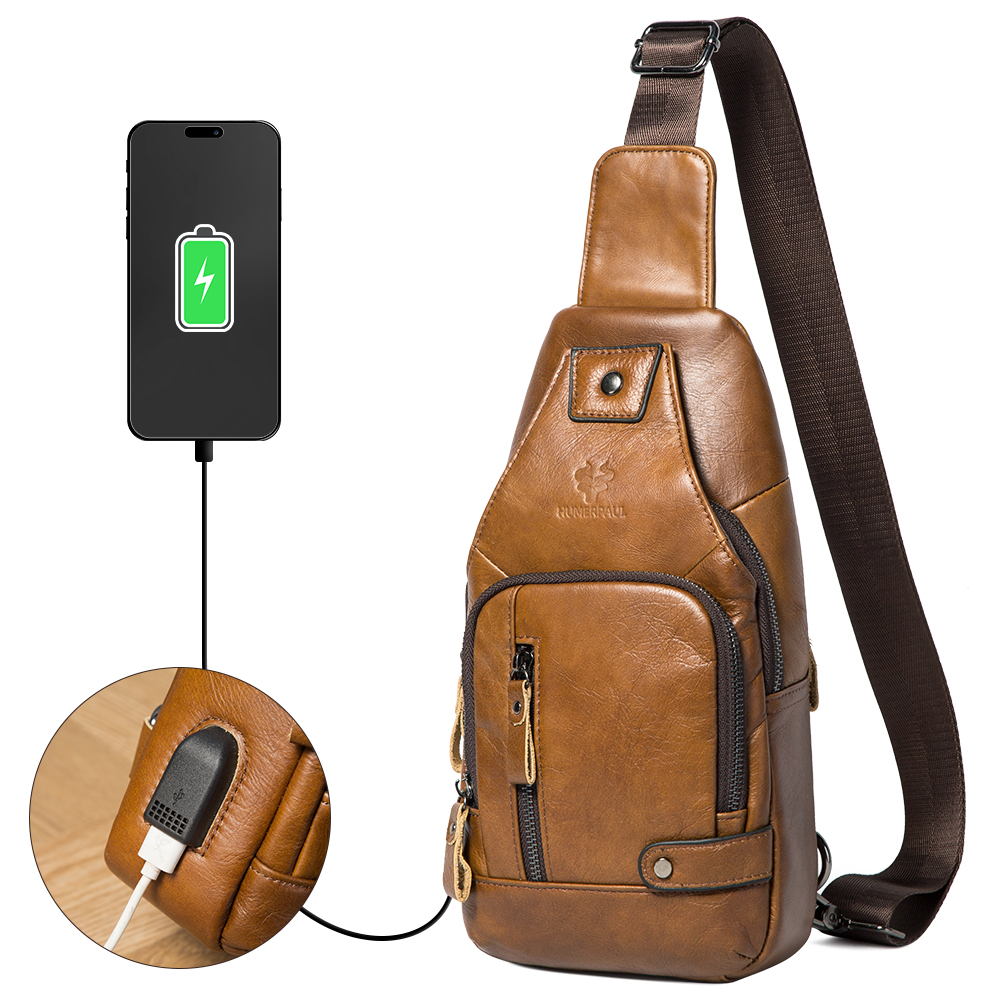 HUMERPAUL Herren USB-Brusttasche, 100 % echtes Leder, Umhängetaschen, multifunktional, für Reisen, Outdoor, Messenger-Pack, modisch