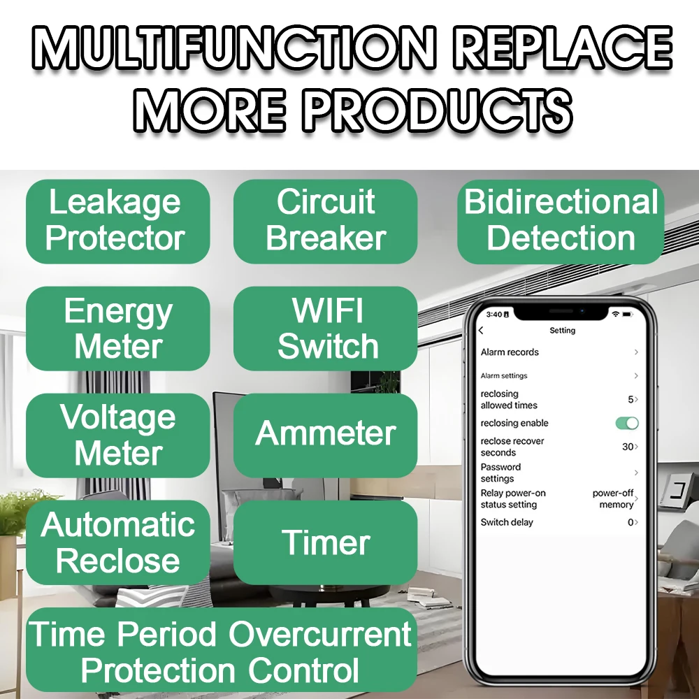 63A 230V Tuya WiFi Smart Circuit Earth Leakage Over Under Voltage Protector Relay Device Switch Breaker Energy Power kWh Meter