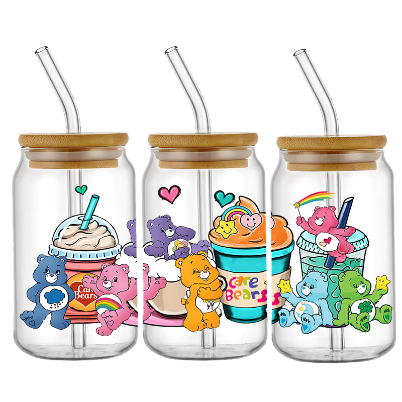 Oso lindo de dibujos animados 16OZ UV DTF taza envolturas pegatina de transferencia para vidrio Libbey lata botella autoadhesiva lavable DIY personalizado