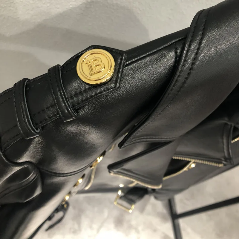 Casaco feminino primavera e outono comprimento curto moda jaqueta de couro genuíno duplo breasted turn-down colarinho tamanho M-XXL