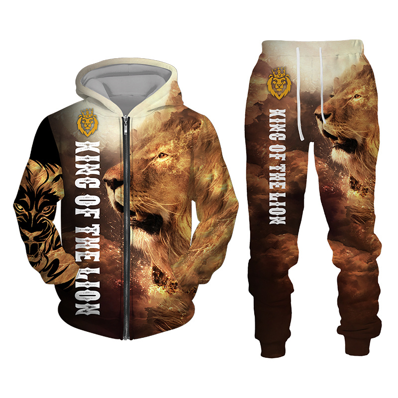 Outono e inverno agasalho masculino 3d o leão impressão zíper hoodies moletom calças define casual roupas masculinas agasalho feminino