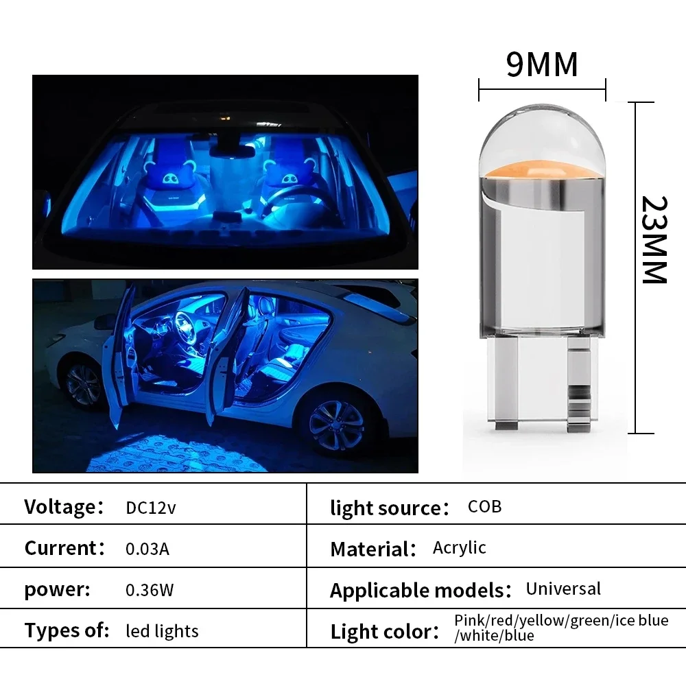 10pcs Car LED T10 W5W Canbus COB 6000k Reading Dome Lamp Marker Wedge License PlateLight Bulb 168 194 192 DC 12V White Blue Red