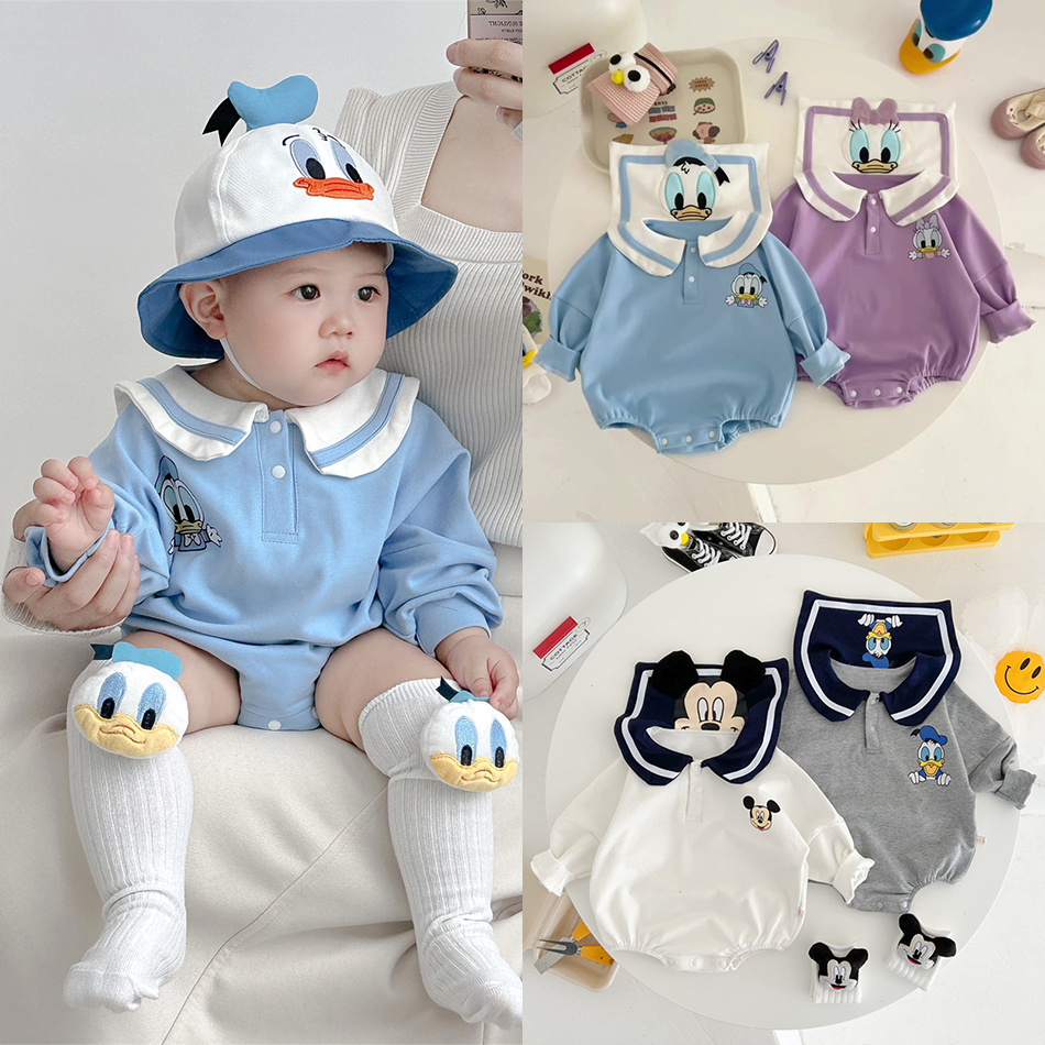 Disney Mickey Mouse Baby Girls Cartoon Long Sleeves Lapel Autumn Cotton Soft Bodysuits Newborn Boy Donald Daisy Duck Rompers
