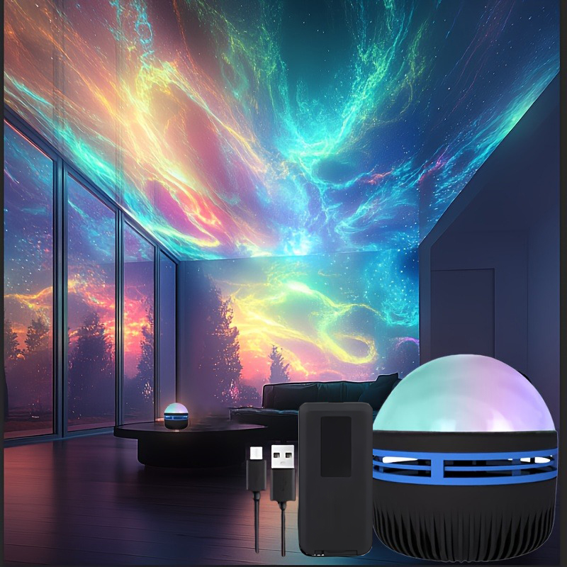 1 szt. Lampa projekcyjna LED ziemskie światła, efekt Aurora Borealis, pilot, zasilanie przez USB, światło zmieniające kolor, do wystroju sypialni