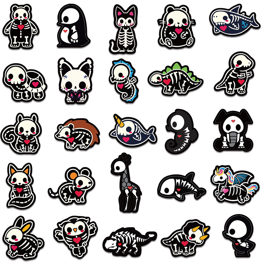 50pcs Cute Cartoon Animals Skeleton Skull Stickers for Laptop Water Bottle Luggage Notebook Waterproof Graffiti Vinyl Decals