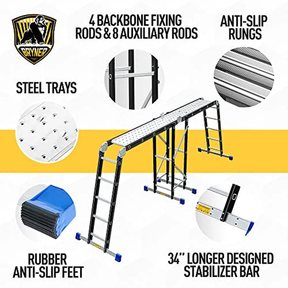 Multi-Position Aluminum Extension Ladder 19.6ft 7 in 1 Scaffold Telescoping Step Heavy Duty Anti-Slip  Support Rack Kit 1200lbs