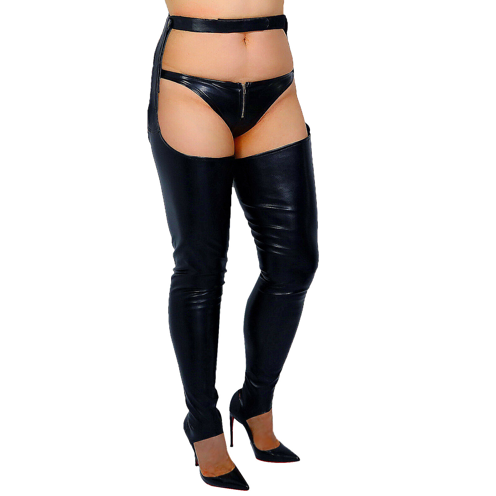 DooWay Meias femininas pretas com cinto de couro sintético, meias altas na coxa, meias SUSPENDER, aquecedores de pernas longas sem pés