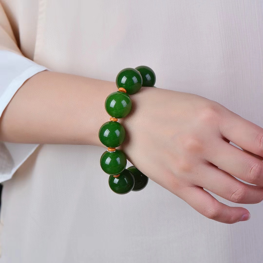 สร้อยคอมือนิลสีเขียวกำไลข้อมือสำหรับผู้ชายและผู้หญิงกำไลข้อมือยางยืดลูกปัดทรงกลม20มม. เครื่องประดับมีเสน่ห์สำหรับทุกเพศ