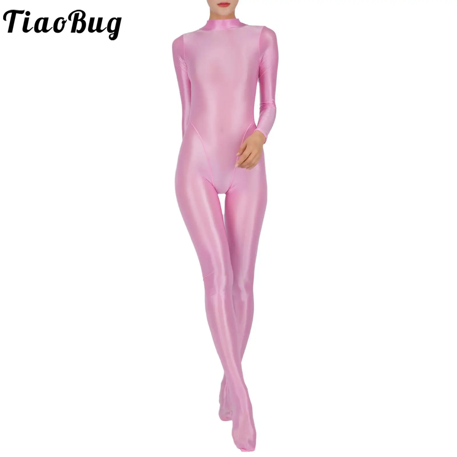 Damen-Overall, glänzend, Ganzkörper-Overall, Fitnessstudio, Yoga, Strumpfhosen, Strampler, Stehkragen, lange Ärmel, einteiliger Overall, Clubwear, Sportbekleidung
