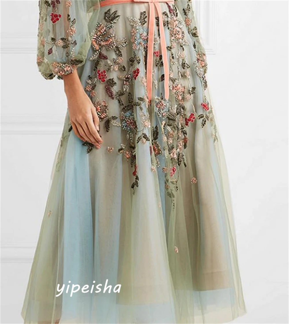 Personalizado clássico estilo moderno formal noite com decote em v a linha apliques tule sob medida ocasião vestido de noite