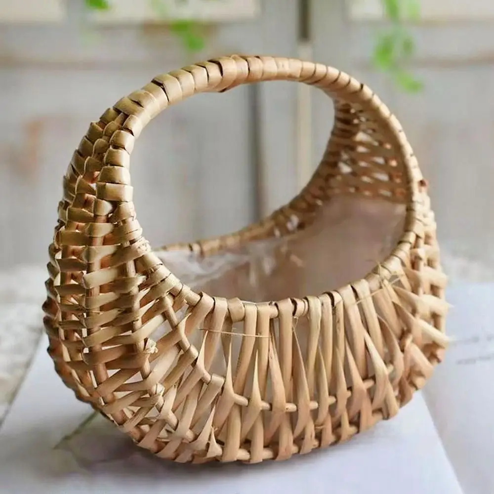 Cesta de boda tejida de ratán de sauce, almacenamiento de media luna de mimbre con asa, cestas de flores resistentes para niñas, contenedor de artículos diversos para Picnic en casa
