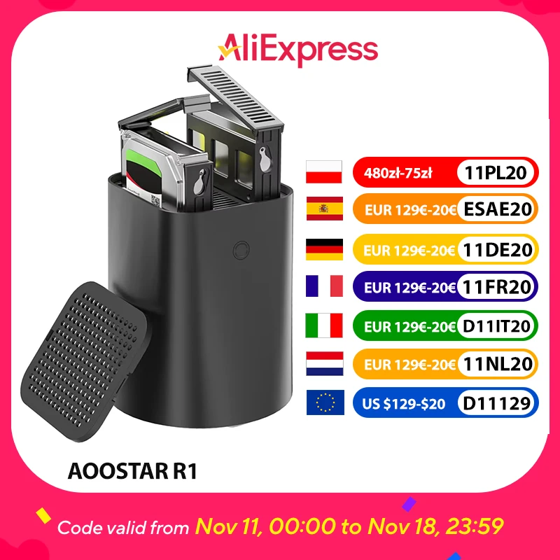 Router NAS Mini PC AOOSTAR R1, Intel N150 4 core max 3,6 GHz, 16 GB di RAM 512 GB SSD, WiFi 6, 2 * USB3.0, 2 * USB 2.0, 2 * 2,5 G LAN