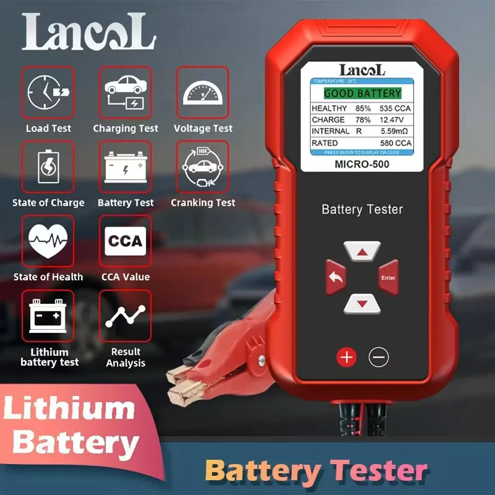 Lancol Micro 500 12V เครื่องทดสอบแบตเตอรี่ 40-3000 CCA แบตเตอรี่ลิเธียมทดสอบแบตเตอรี่เครื่องวิเคราะห์จอแสดงผล LED QR รหัส