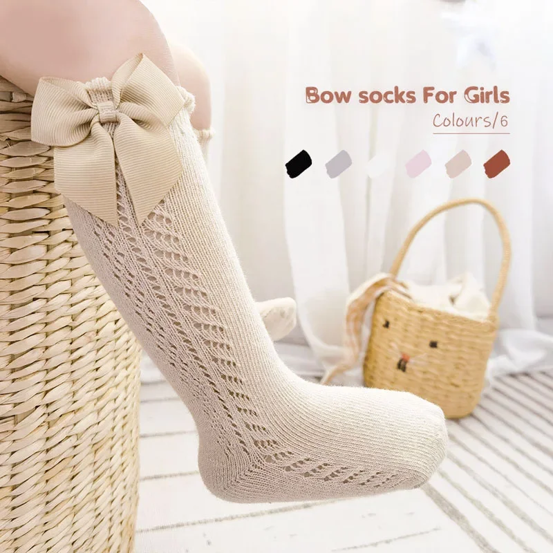 Calcetines para bebés y niñas, calcetines transpirables de malla de algodón con lazo de estilo español para recién nacidos de 0 a 5 años