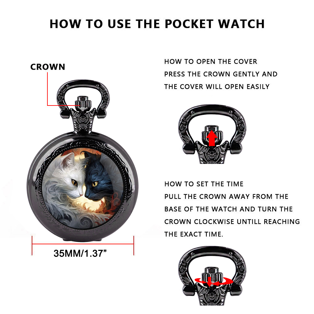 Black White Cats Pattern Glass Dome Arabic Numerals Display Quartz Pocket Watch Vintage Pendant Clock for Men Women with Chain