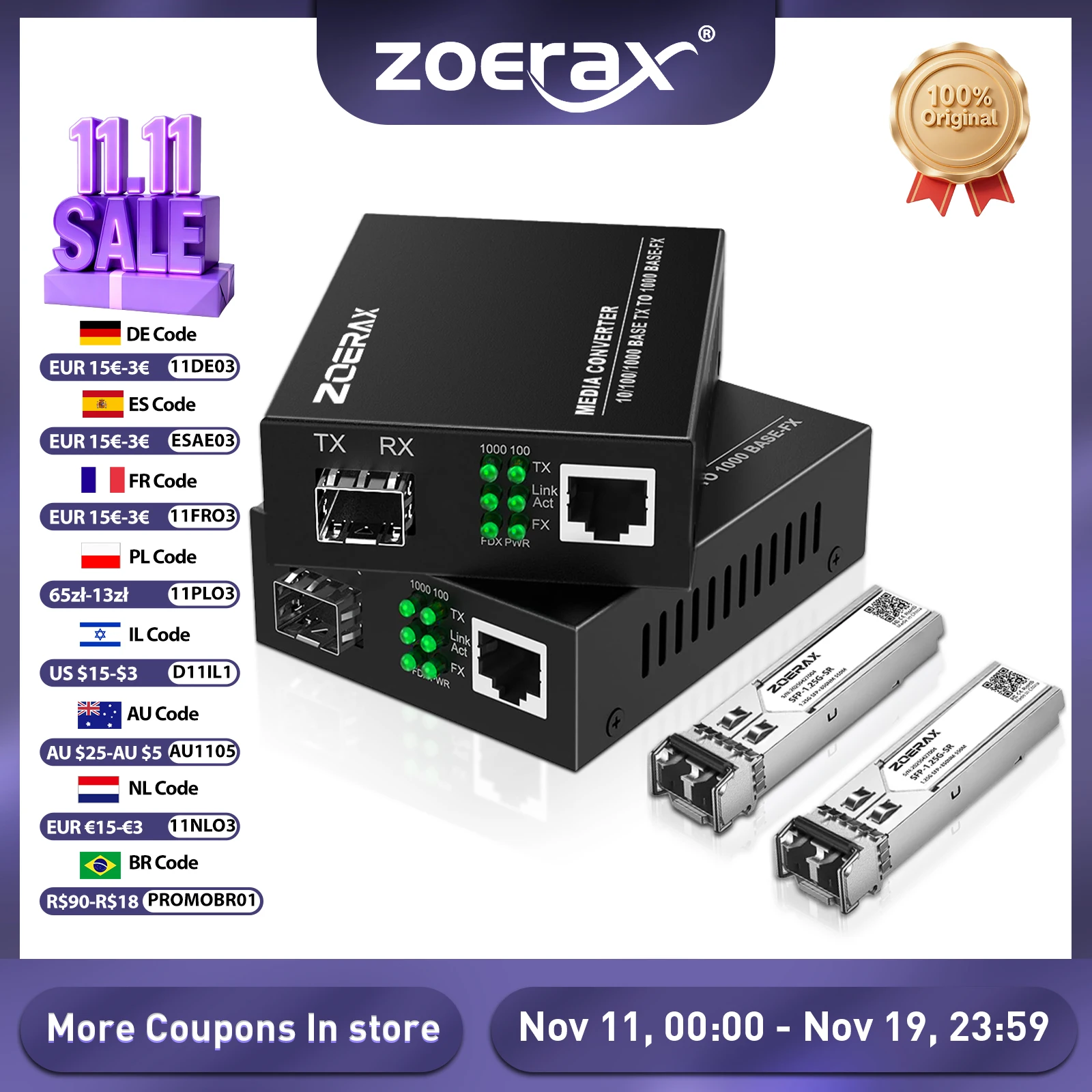 ZoeRax Gigabit SFP LC Multimode-Modul Glasfaser zu RJ45 Ethernet Media Converter Glasfaser-Transceiver mit 1,25G SFP LC-Modul