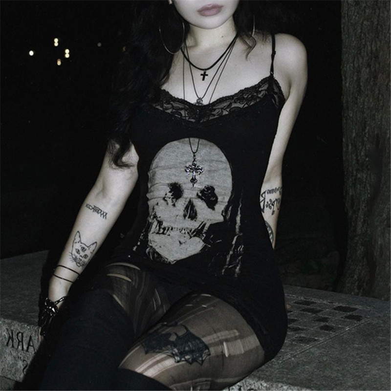 Goth Dark Streetwear Anime Skull พิมพ์สายรัดชุดมินิ Fairy Lace Stitch Club ชุด Slim เซ็กซี่ชุด Bodycon Mall Gothic