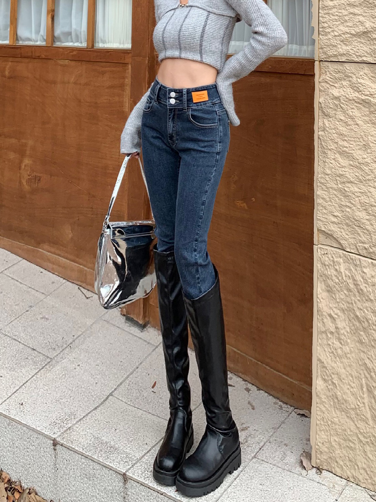 ハイウエスト黒スリムフィットデニムジーンズ女性の春のファッション 2023 弾性痩身大きいサイズレディースペンシルパンツ