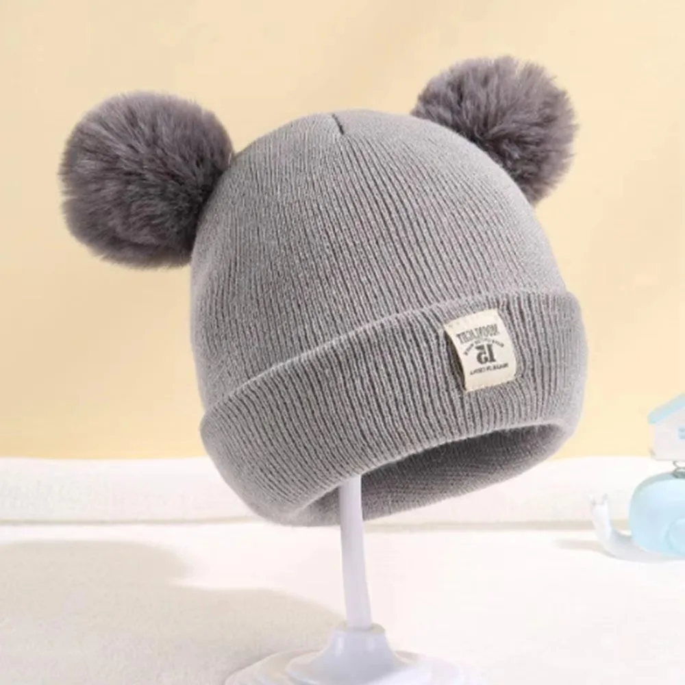Gorro de punto de lana de algodón Flexible, pompón de Color sólido para bebé, conjunto de 2 piezas, gorro cálido