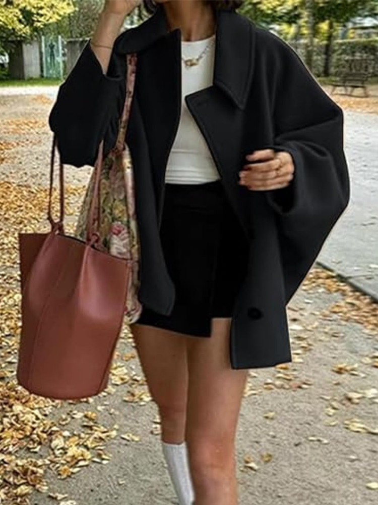 Damen Schräge Knopf Lose Fledermausärmel Jacke Mantel Revers Langarm Doppeltasche Warm Solide Farbe Vintage Oberbekleidung Herbst Winter Neue Weibliche Chic Mantel