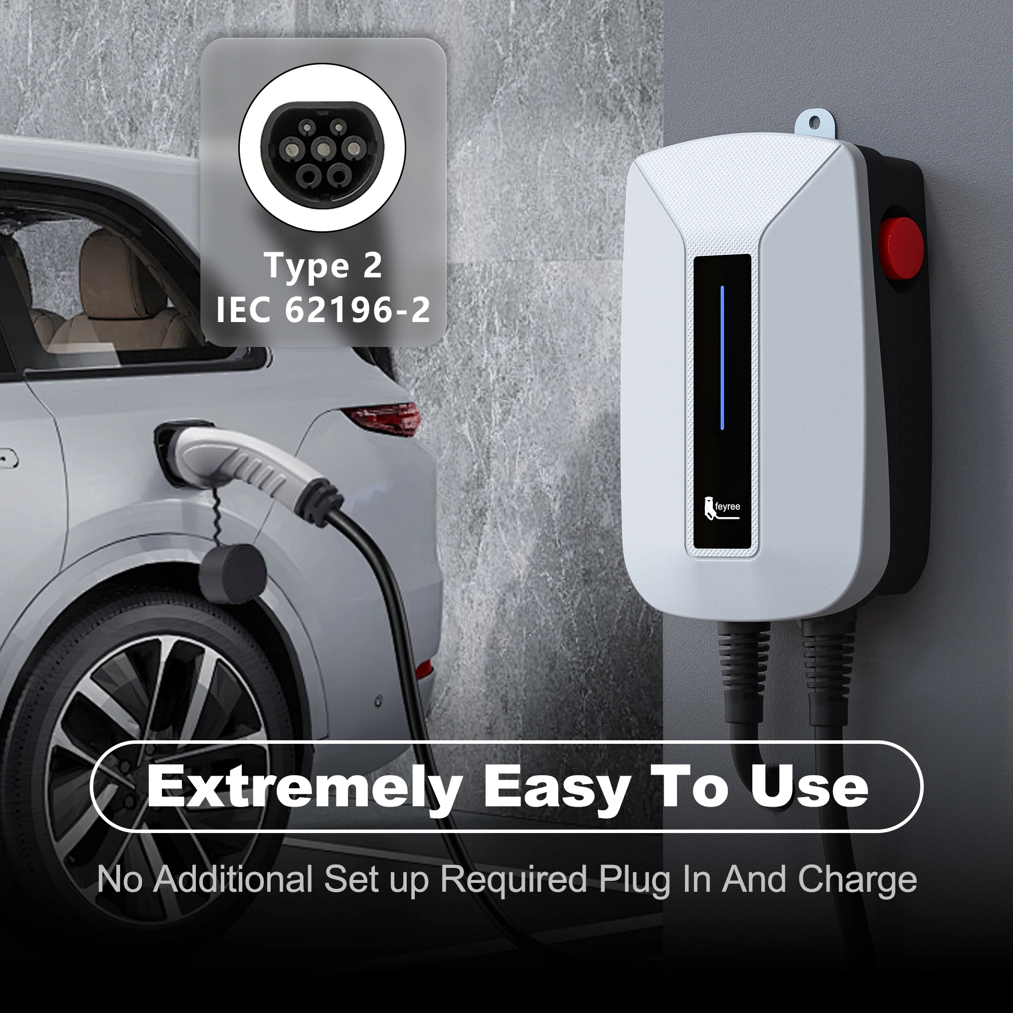 Feyree-cargador EV tipo 2, enchufe EVSE Wallbox 32A, 7KW, enchufe de IEC62196-2, Cable monofásico de 5m, estación de carga de montaje en pared para coche eléctrico