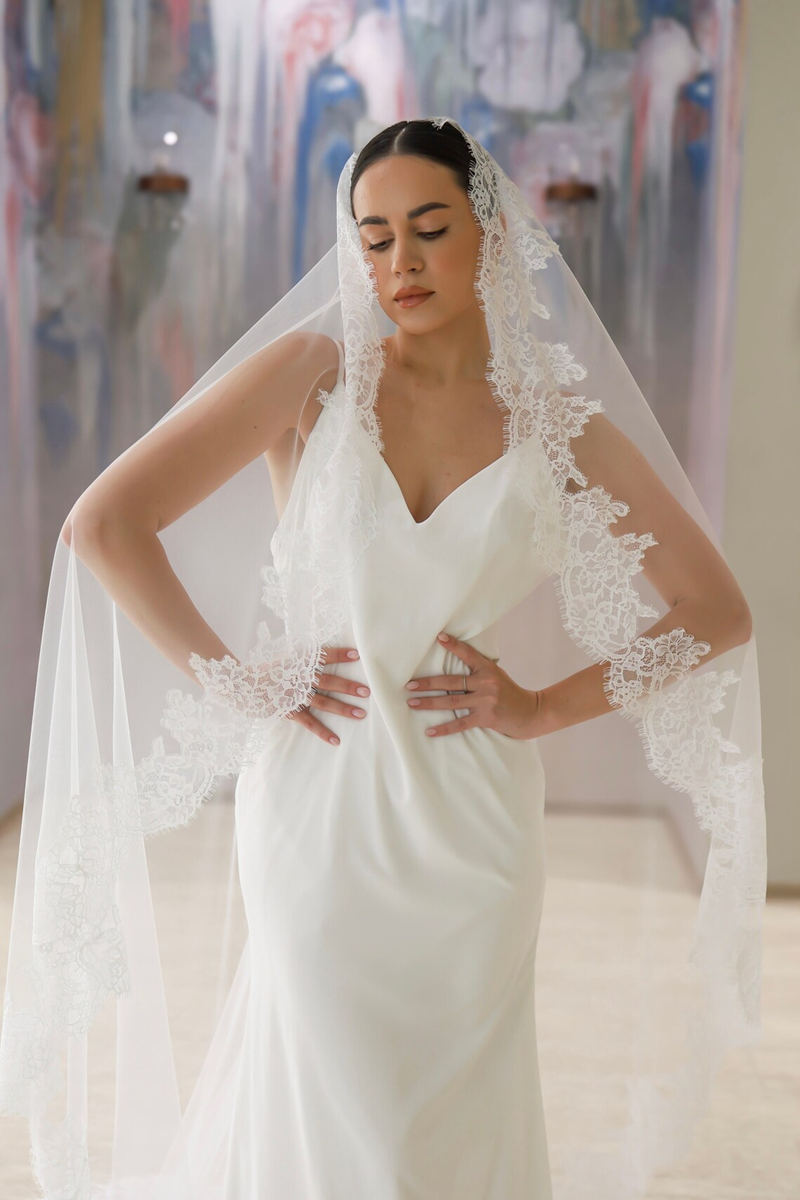 Véu de renda mantilla, véu de noiva de uma camada com acabamento em renda, véu de casamento longo catedral