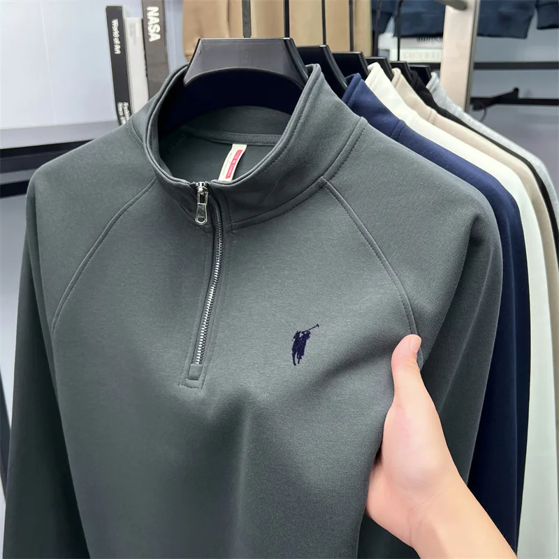 Sudadera con capucha de media cremallera para hombre, camiseta de manga larga de otoño de talla grande, polo con cuello con logo de pony bordado para mediana edad y joven