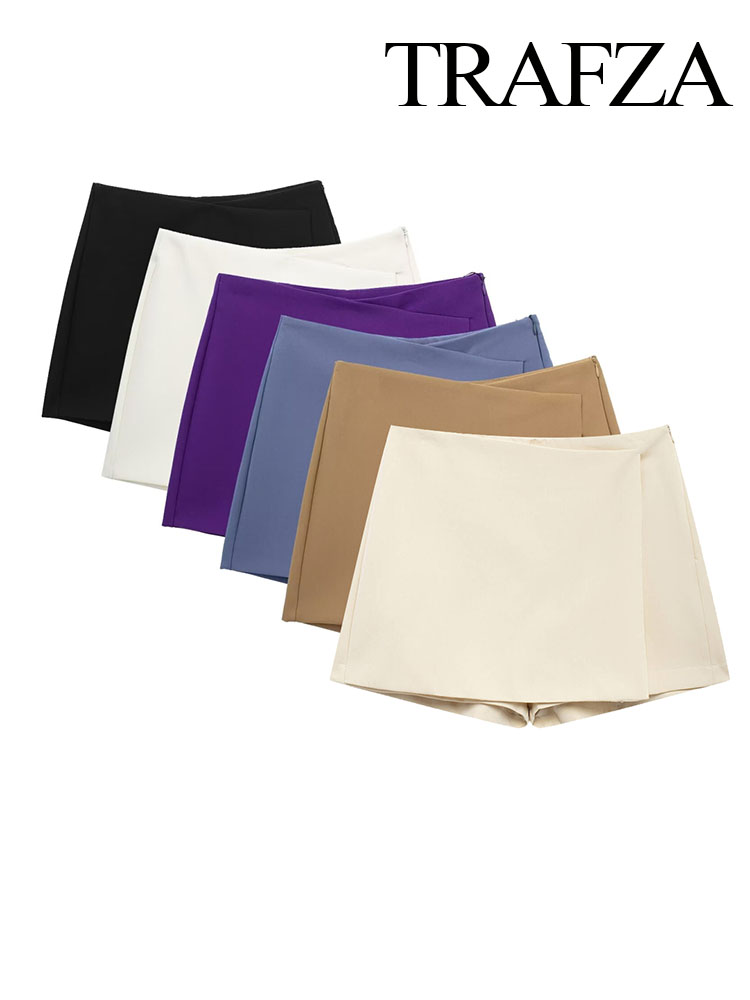 TRAFZA, nueva moda para mujer, pantalones cortos lisos de cintura alta con cremallera para mujer, ropa informal ajustada 2024