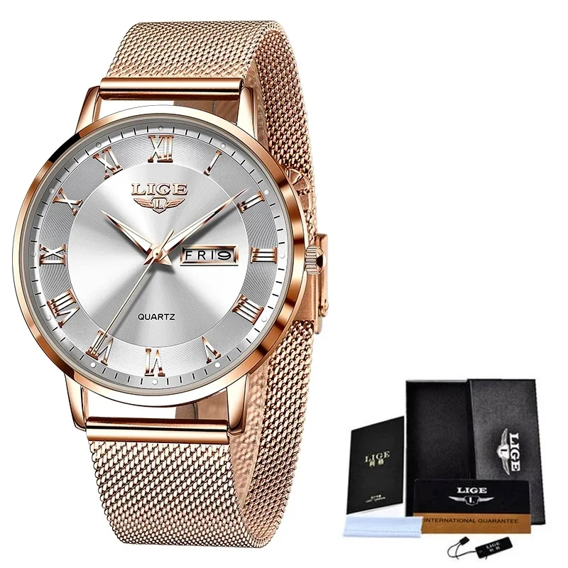 Marca LIGE, reloj de lujo a la moda para mujer, resistente al agua, correa de malla de acero y oro rosa, relojes de pulsera para mujer, relojes de pulsera, reloj femenino