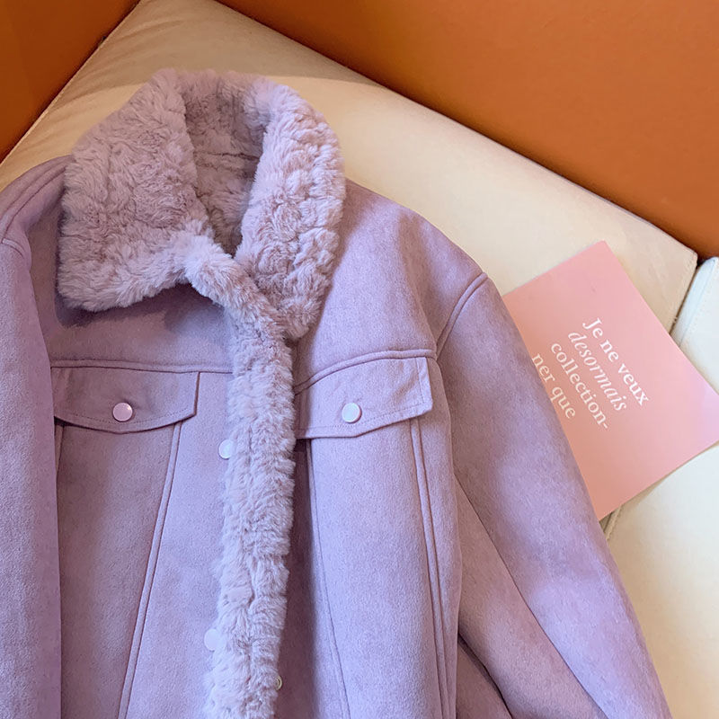Abrigo de piel de cordero integrada púrpura para mujer, chaquetas casuales cálidas únicas para mujer, Otoño e Invierno
