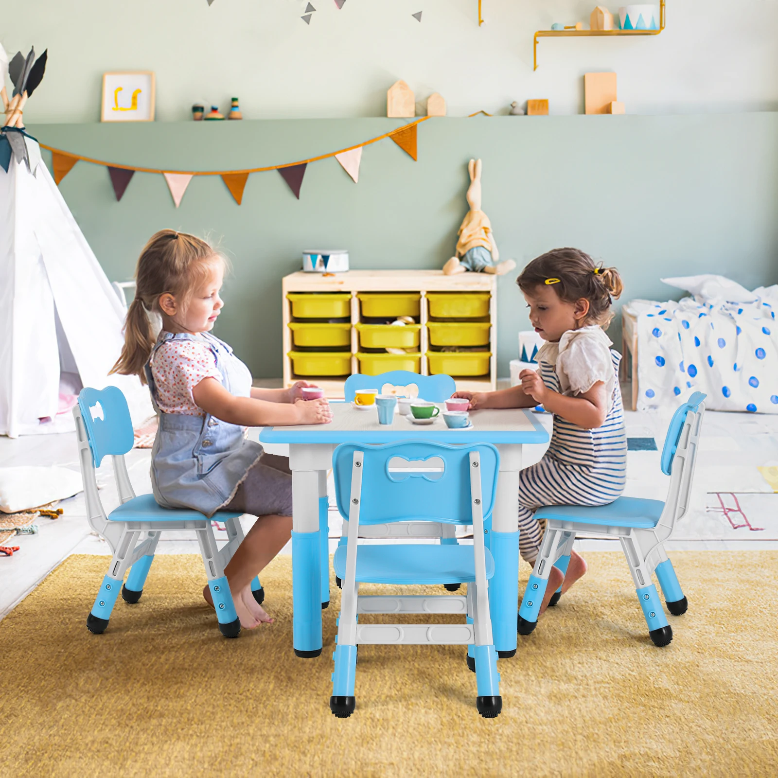 AOOU Kids Table and 4 Chairs Set, Height Adjustable Toddler Study Table Set, Multi-Activity Art Table Graffiti Desktop Age 2-10