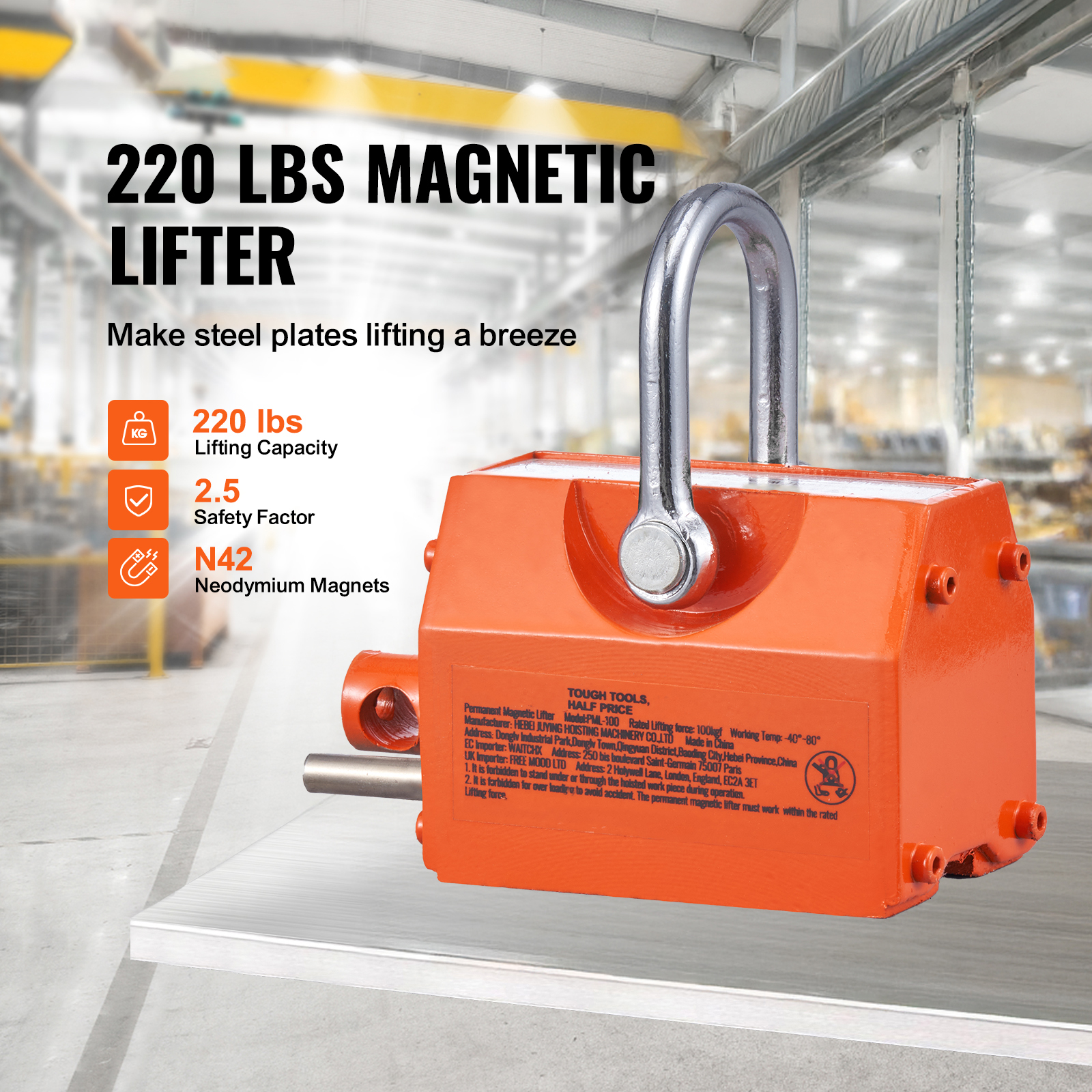 SucceBuy 100 kg-2000 kg Permanentmagnet-Heber, Zugkapazität 2,5, Sicherheitsfaktor, Neodym- und Stahl-Hebemagnet, Hebemagnete