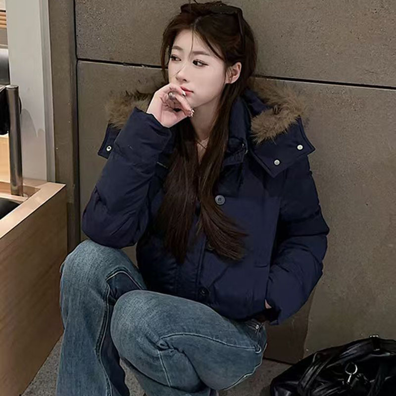Gola de pele coreana com capuz parkas senhoras design de moda recortado algodão acolchoado jaqueta de inverno feminino azul casual quente parka casacos
