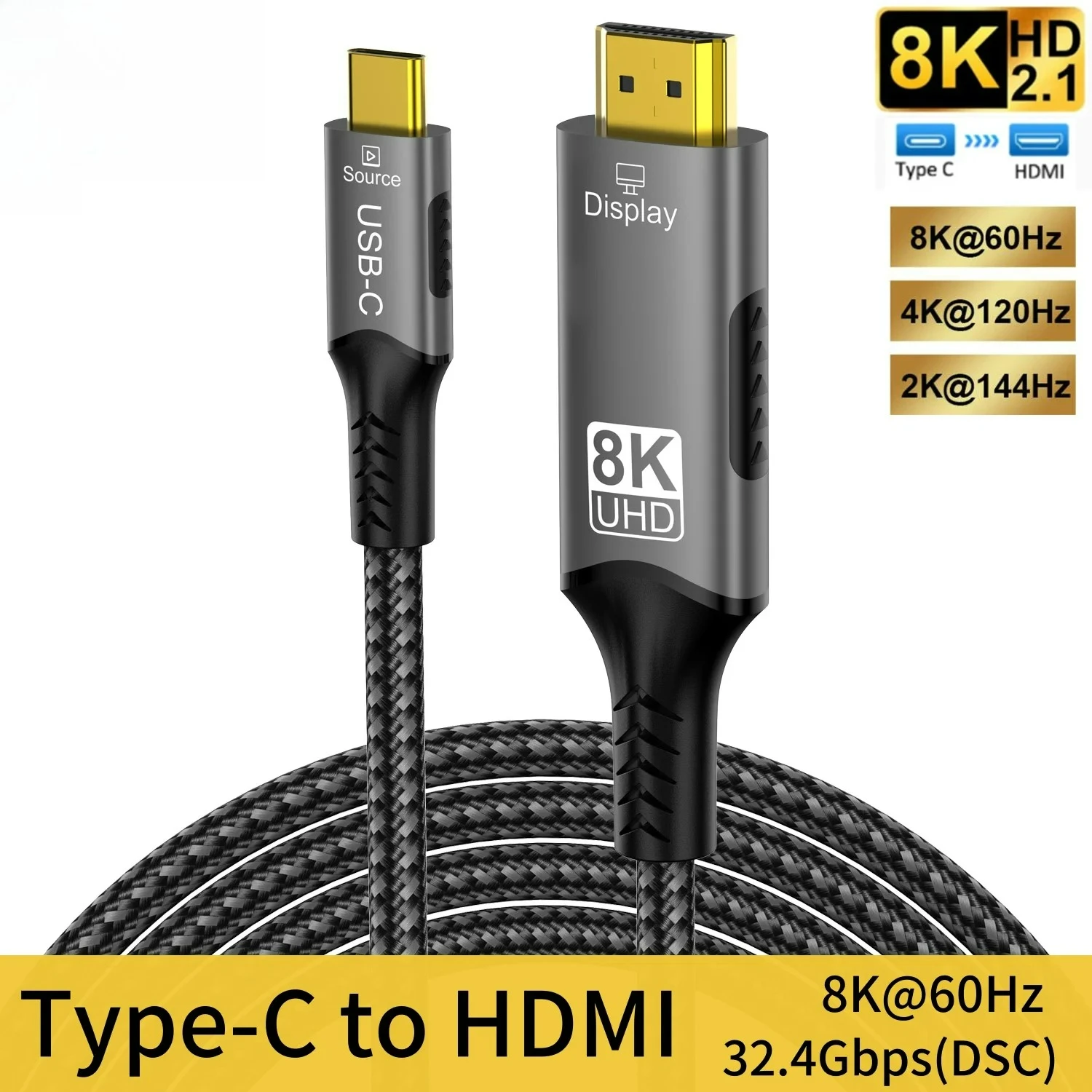 8K@60Hz USB-C to HDMIケーブル、4K@120Hz Type-C to HDMI 2.1 Thunderbolt 4対応 HDTVケーブル（PC、MacBook Pro、HUAWEI用）