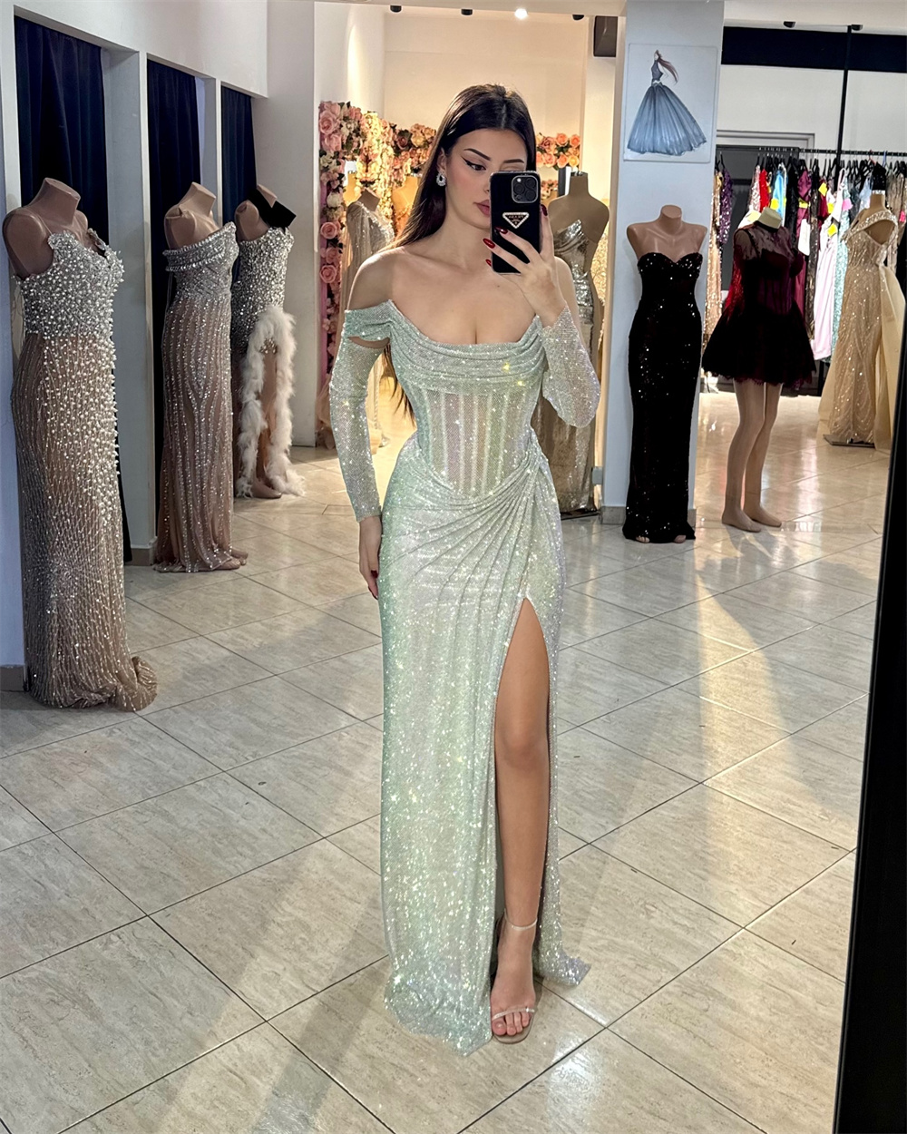 Contessa Dubai customized Silver Shiny Prom Dress With Sleeve Off Shoulder Vestidos de noche Side High Split Formal event dress