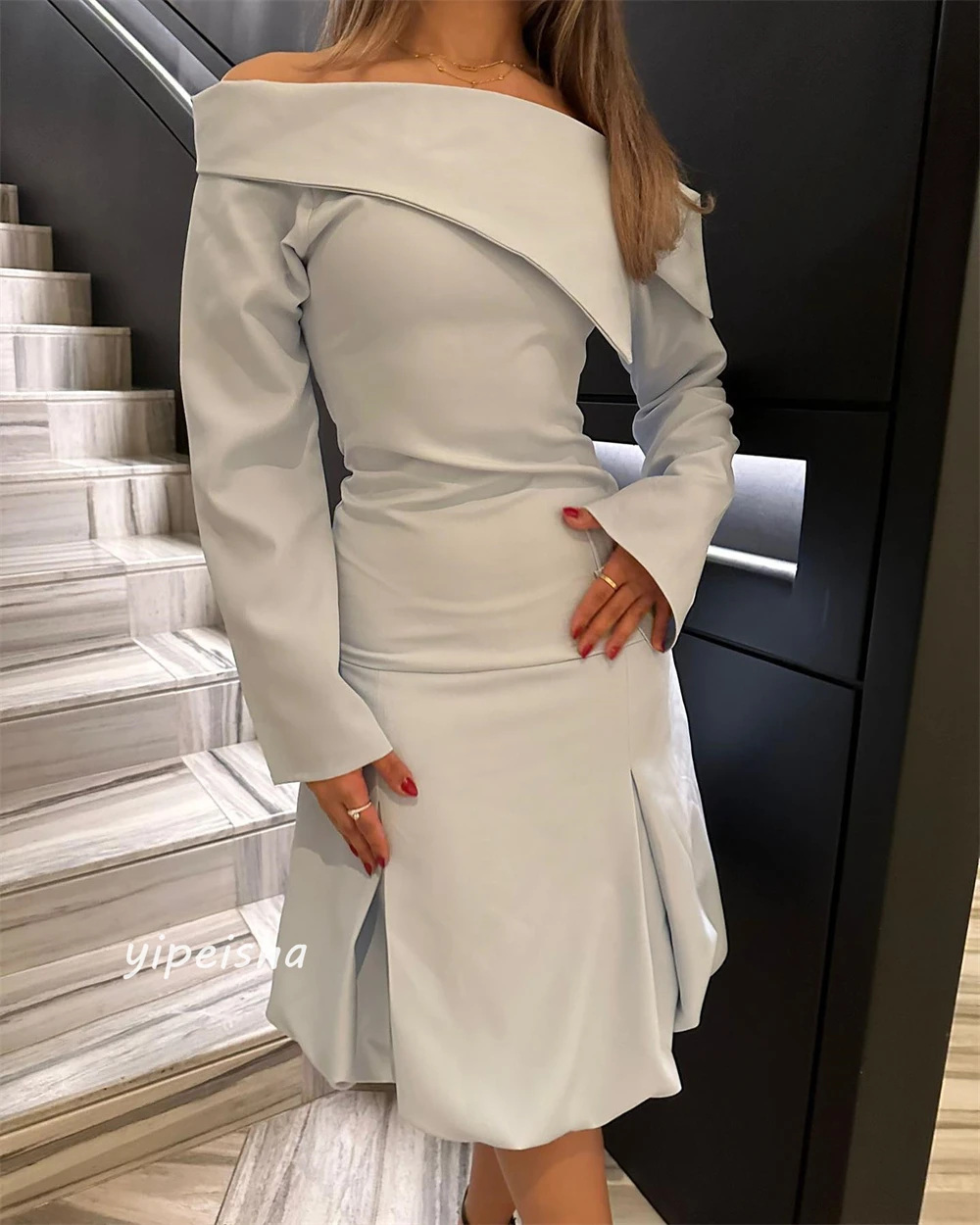 ที่กําหนดเอง JERSEY Draped Pleat PARTY A-Line Off-the-ไหล่ Bespoke โอกาสชุดเข่าความยาวชุด