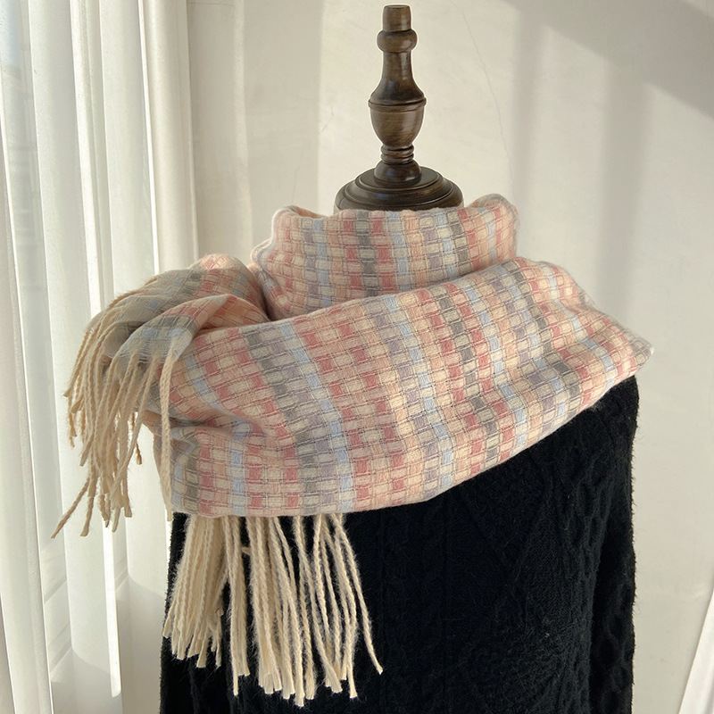 女性のための厚くされた市松模様のカシミヤスカーフ、暖かいショール、タッセルショール、カップルのネックカバー、模造カシミア、冬