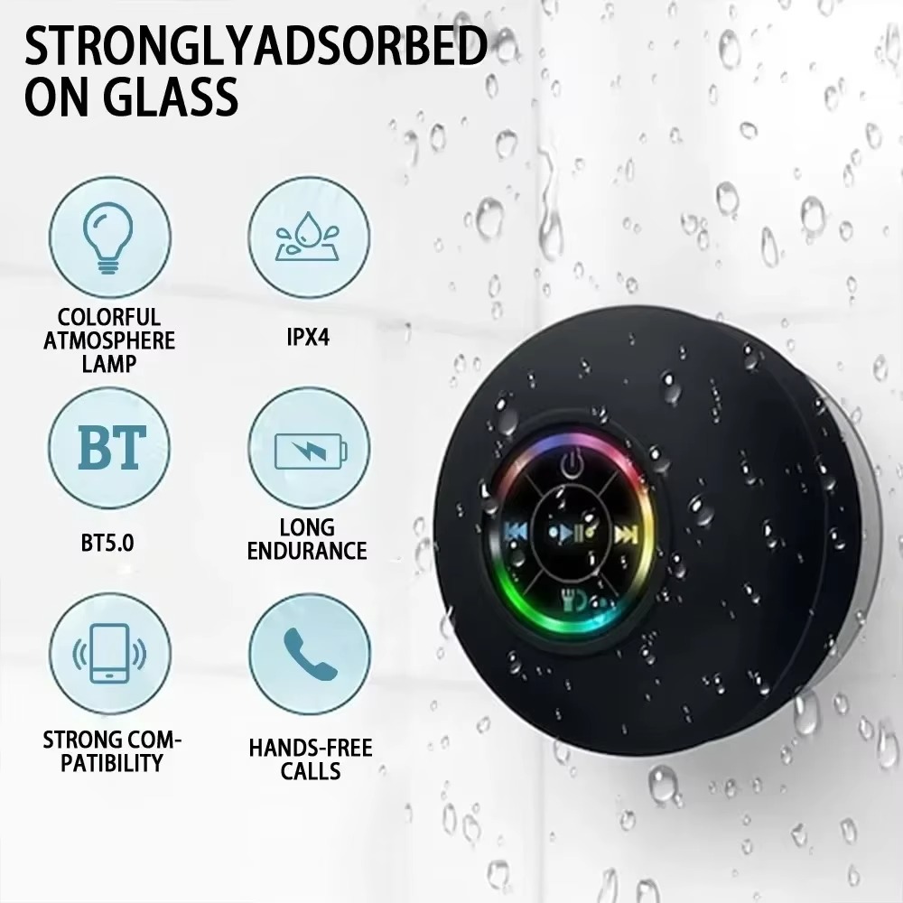 2025 ห้องน้ํากันน้ําไร้สาย LED ลําโพงบลูทูธถ้วยดูดขนาดใหญ่ลําโพงมินิแบบพกพากีฬากลางแจ้งลําโพงสเตอริโอ