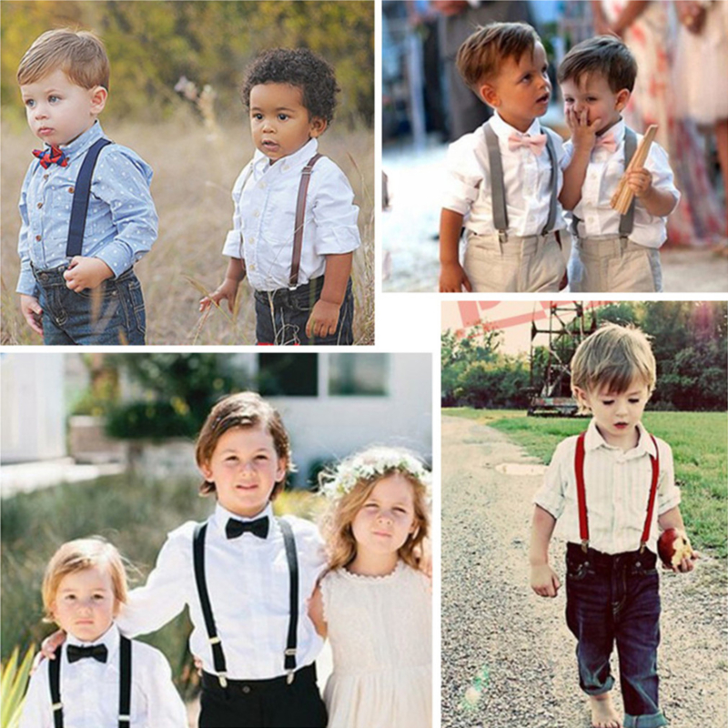 Effen kleur kinderen riem strikje set baby jongens meisjes bretels clip-on Y-back bretels vlinderdas elastische kinderen verstelbaar