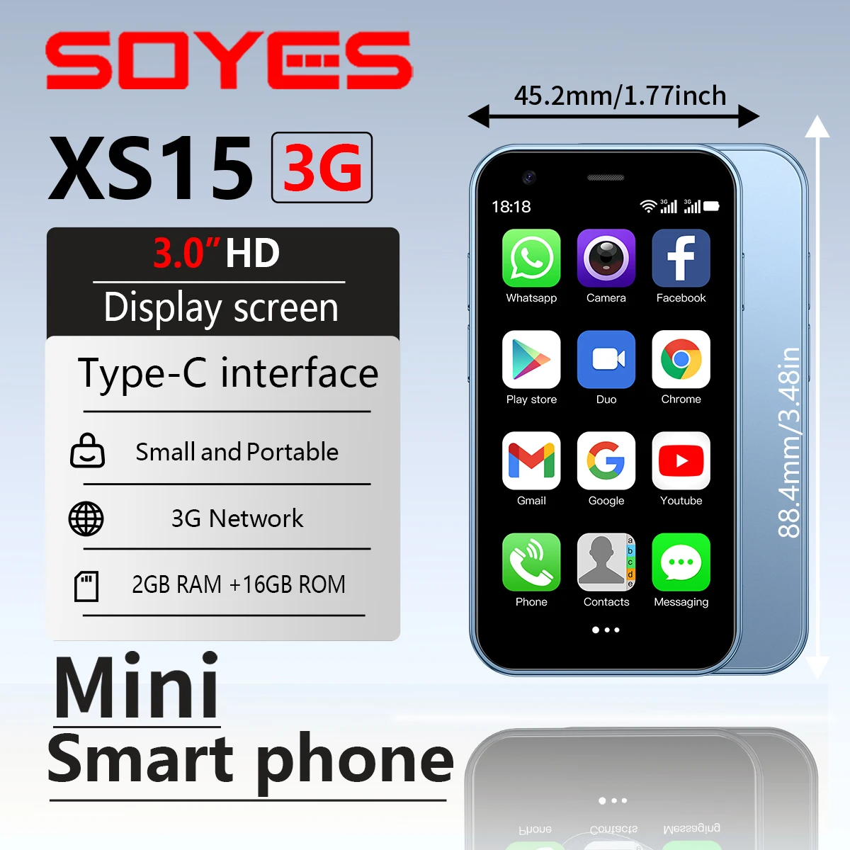SOYES XS15 블루 3G 미니 스마트폰 3.0인치 HD 화면 2G RAM 16G ROM 듀얼 SIM 대기 Play Store 다양한 색상 사용 가능 추가 앱