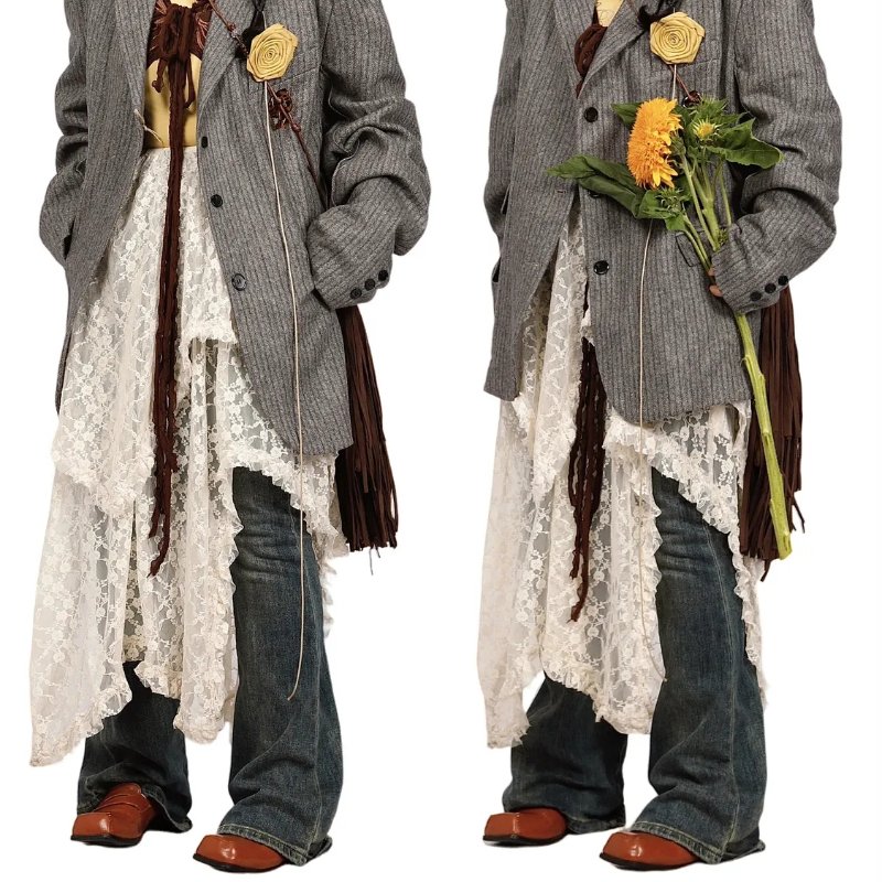 Deeptown Spitze Vintage Lange Röcke Unregelmäßige Urlaub Y2k Kleid für Frauen Boho Tüll Midi Durchsichtig Hohe Taille Elegant Lose