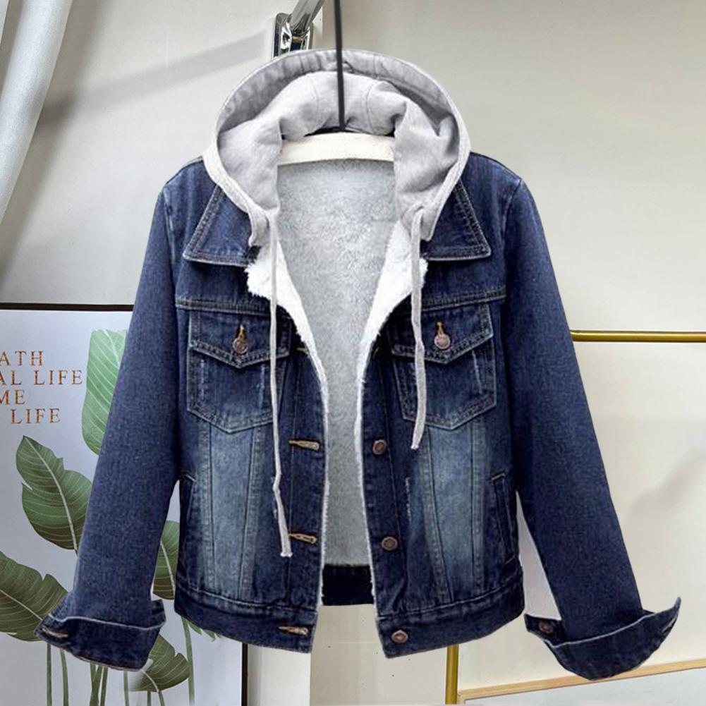 Frauen Winter Jacke Mit Kapuze Solide Lange Ärmel Abnehmbare Hut Dicke Warm Halten einreiher Plus Größe Plüsch Denim Winter mantel