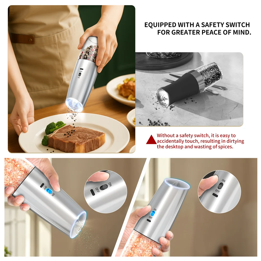 Molinillo de sal y pimienta eléctrico con sensor de gravedad, molinos de especias ajustables con luz LED para cocina, dispositivo inalámbrico automático