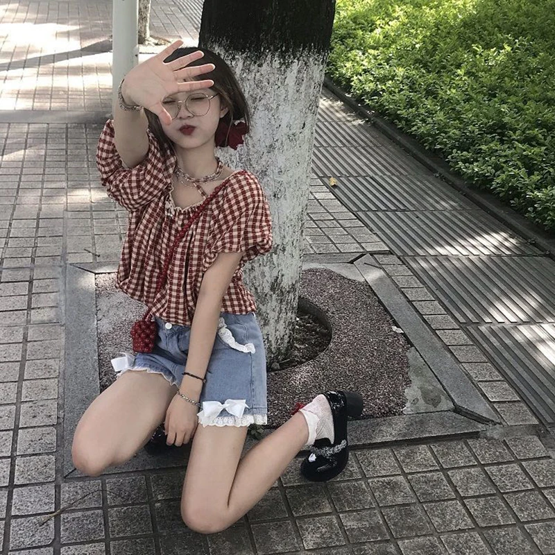 かわいい弓デニムショーツ女性日本レースパッチワークだぶだぶのジーンズショーツ夏 Y2K 原宿ハイウエストワイドレッグショートパンツ新