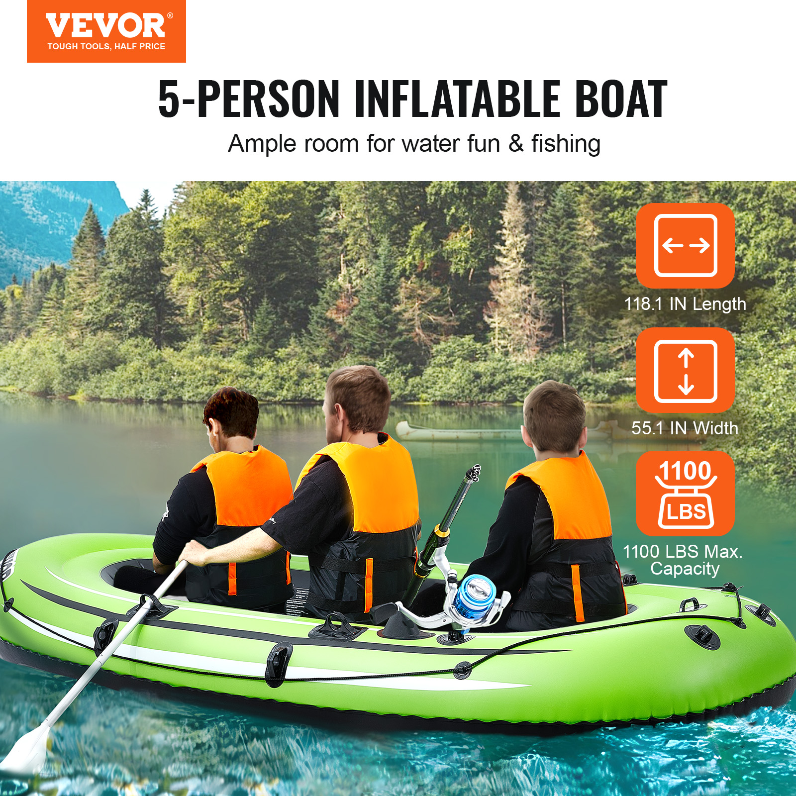 Vevor Opblaasbare Boot 4-persoons Opblaasbare Vissersboot Sterke Pvc Draagbare Boot Vlot Kajak 45.6 "Aluminium Roeispanen High-Output Pomp